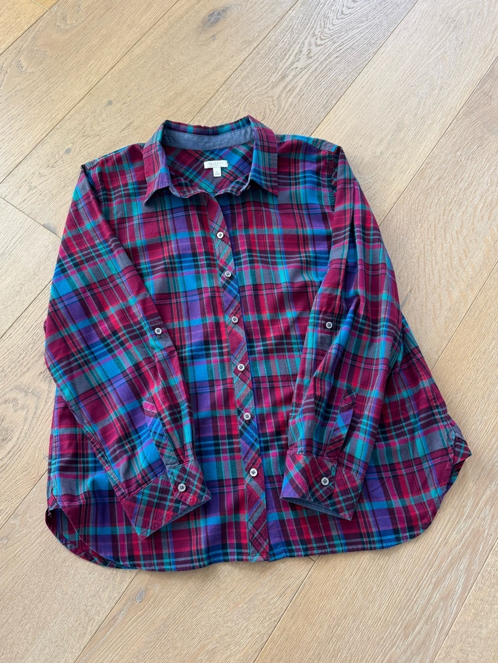 Talbots Petites Plaid Button-Up Shirt in Burgundy & Teal Cotton Large Petite